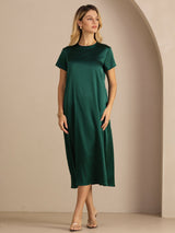 [Dark Green] SilkSilky-UK Short Sleeve Crew Neck Dress 005