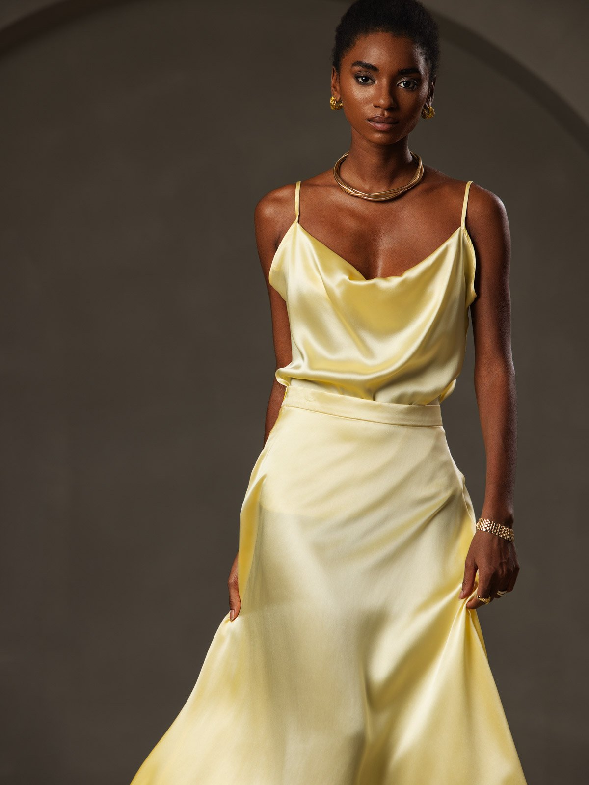 [Yellow] SilkSilky-UK 19Momme Silk Spaghetti Strap Cowl Neck Camisole 003