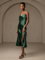 [Dark Green] SilkSilky-UK Spaghetti Strap Cowl Neck Dress 007