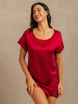 [Wine] SilkSilky-UK 19Momme Machine-Washable Silk Short Sleeve Round Neck Nightdress 003