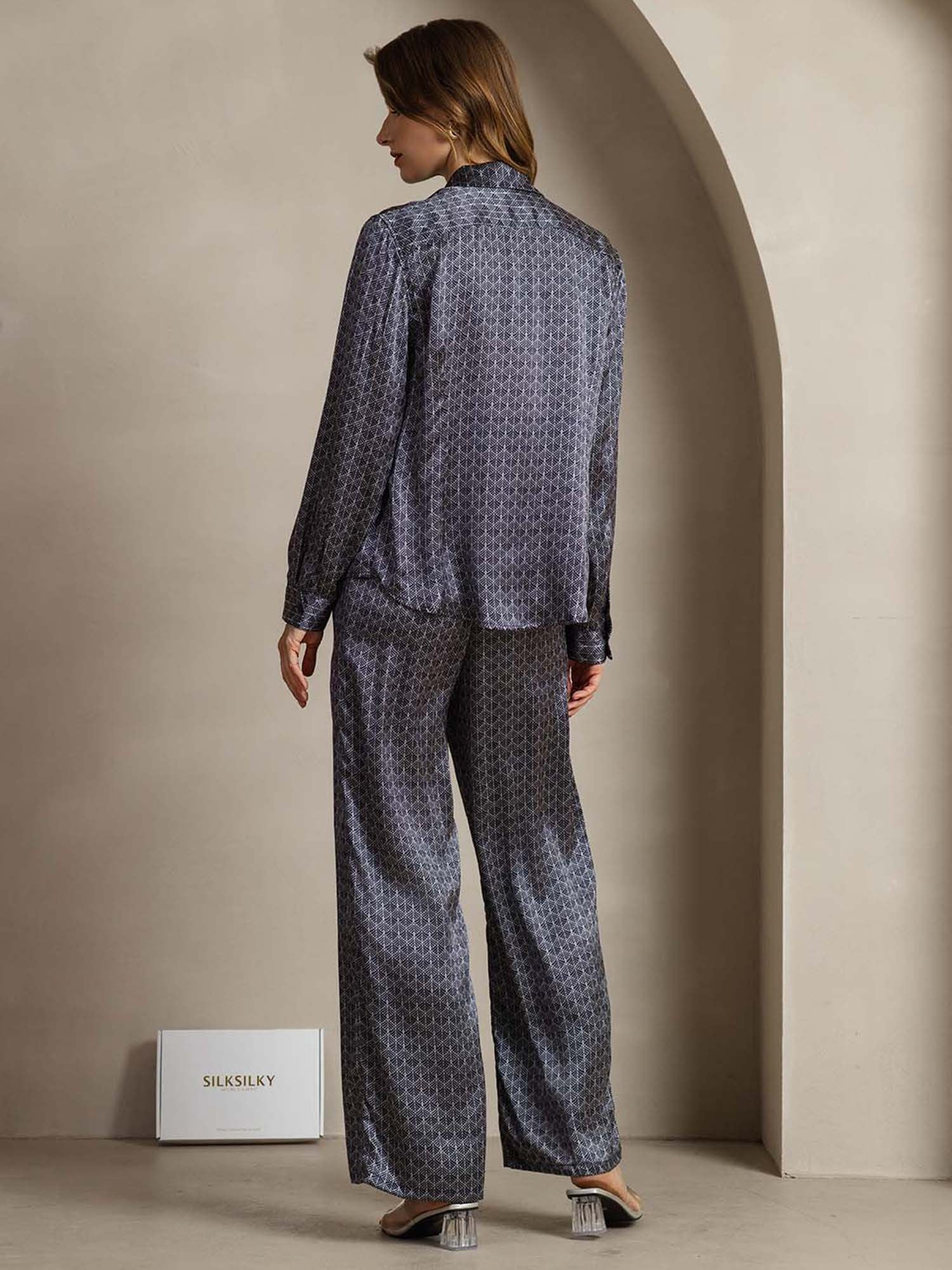 [Navy Ginkgo] SilkSilky-UK 19Momme Silk Collar Women''s Outfit Sets 004,