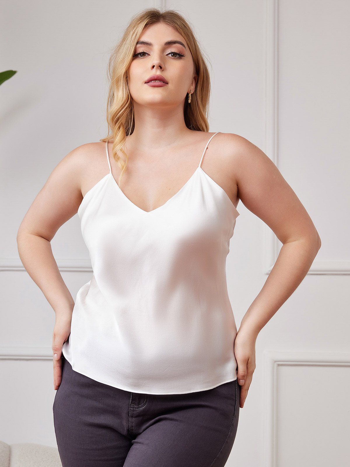 SilkSilky UK Pure Silk V Neck Plus Size Camisole Top White 004