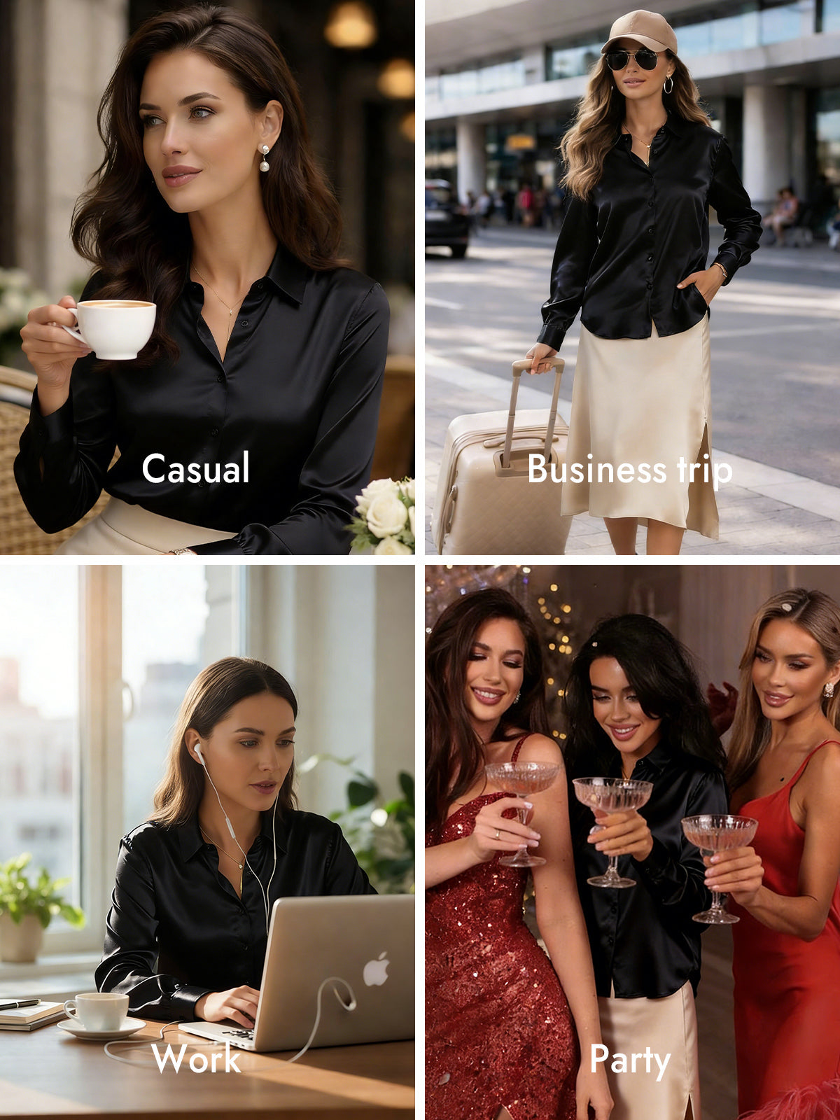 [Black] SilkSilky-UK Silk Long Sleeve Collar Women's Shirt 009