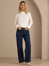 [White] SilkSilky-UK Long Sleeve Stand Collar Women's Blouse 007