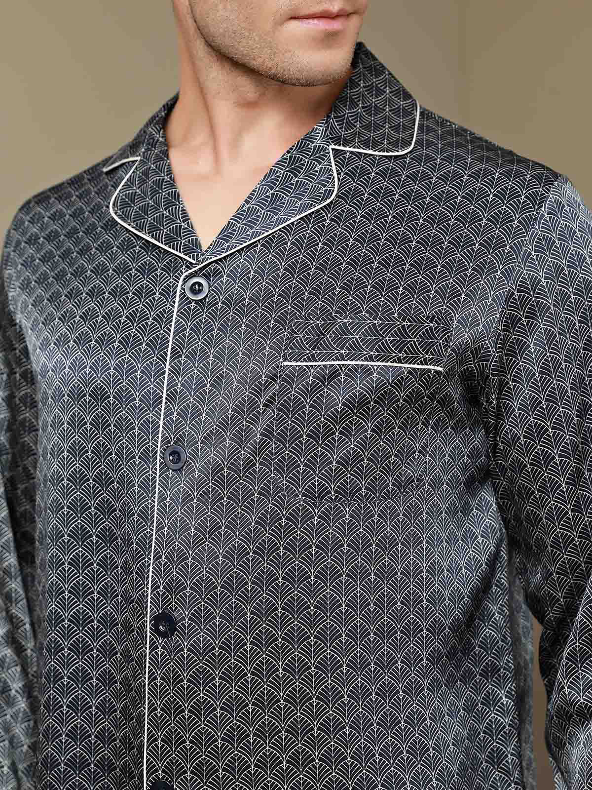 [Navy Ginkgo] SilkSilky-UK 19Momme Pure Silk Mens Pajamas 009