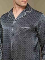 [Navy Ginkgo] SilkSilky-UK 19Momme Long Sleeve Notch Collar Men's Pyjamas 017