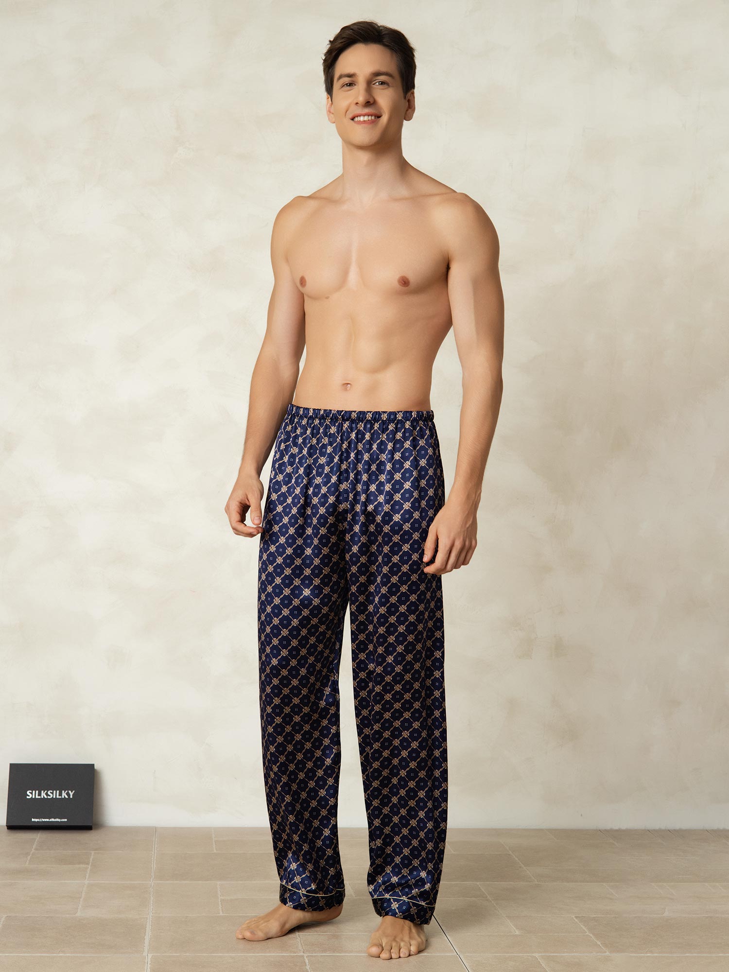 [Navy Chain] SilkSilky-UK Pure Silk Mens Sleep Bottoms 004
