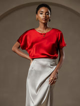 [Wine] SilkSilky-UK Short Sleeve Boat Neck Women's T-Shirt 003