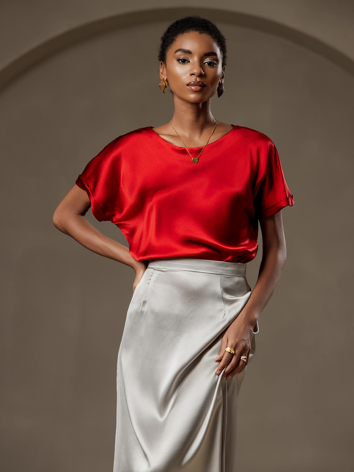 [Wine] SilkSilky-UK 19Momme Silk Short Sleeve Round Neck Women's T-Shirt 003