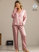 [Peach Skin] SilkSilky-UK 19Momme Machine-Washable Silk Long Sleeve Notch Collar Women's Pyjamas 001