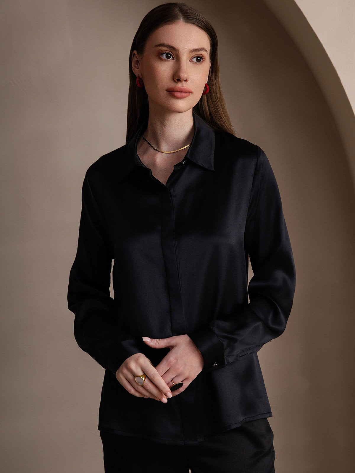 SilkSilky UK 19Momme Silk Long Sleeve Collar Women's Shirt Black 004