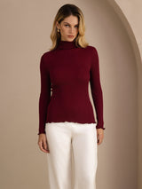 [Wine] SilkSilky-UK Long Sleeve Turtle Neck Women's T-Shirt 001