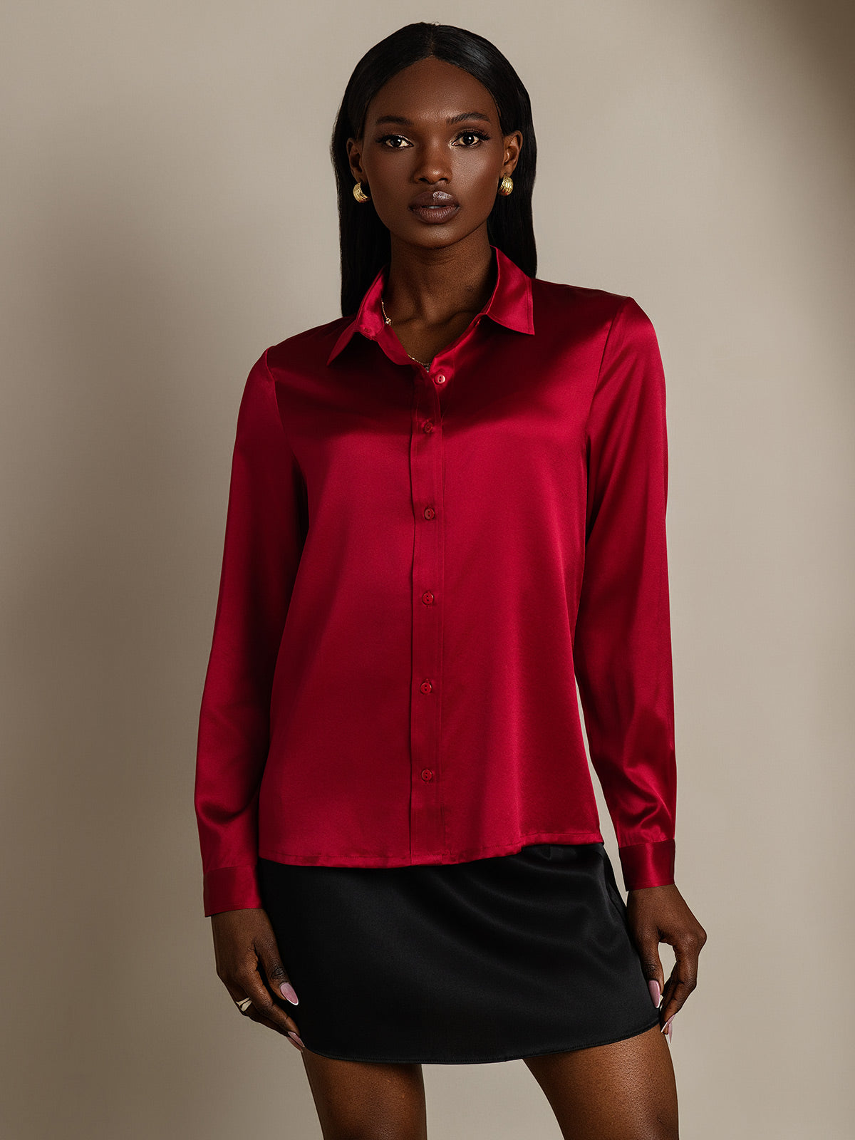 SilkSilky-UK 19Momme Silk Long Sleeve Collar Women's Shirt Wine 003