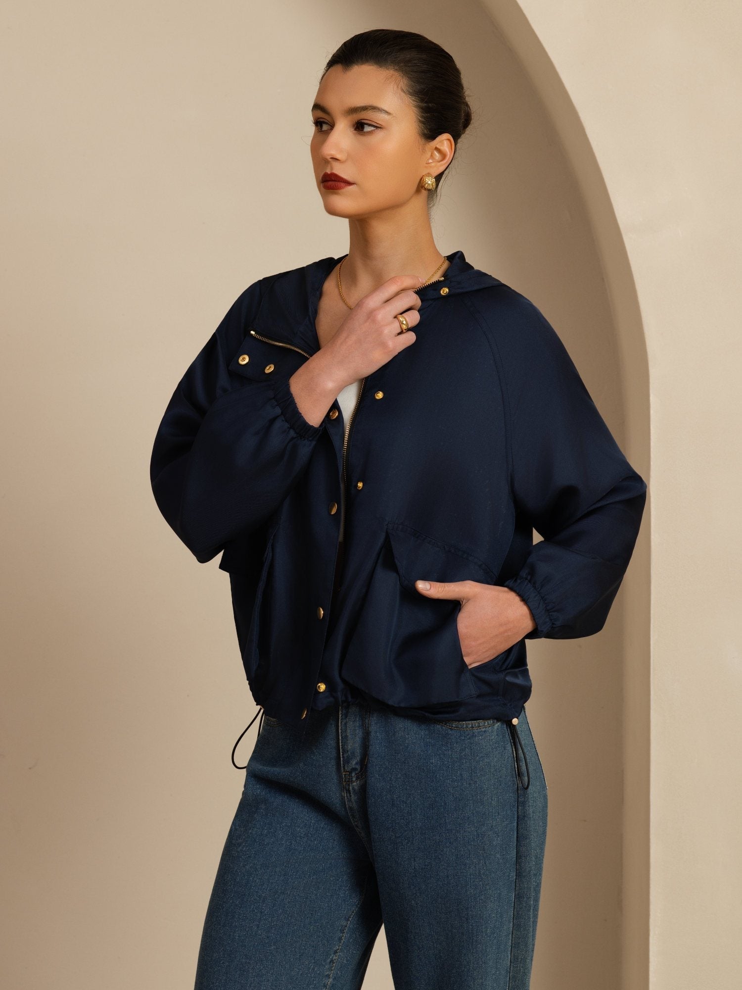 [DarkBlue] SilkSilky-UK Silk Satin Surah Long Sleeve High Neck Women's Outerwear 005