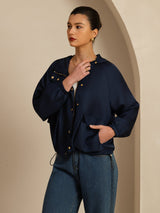 [DarkBlue] SilkSilky-UK Silk Satin Surah Long Sleeve High Neck Women's Outerwear 005