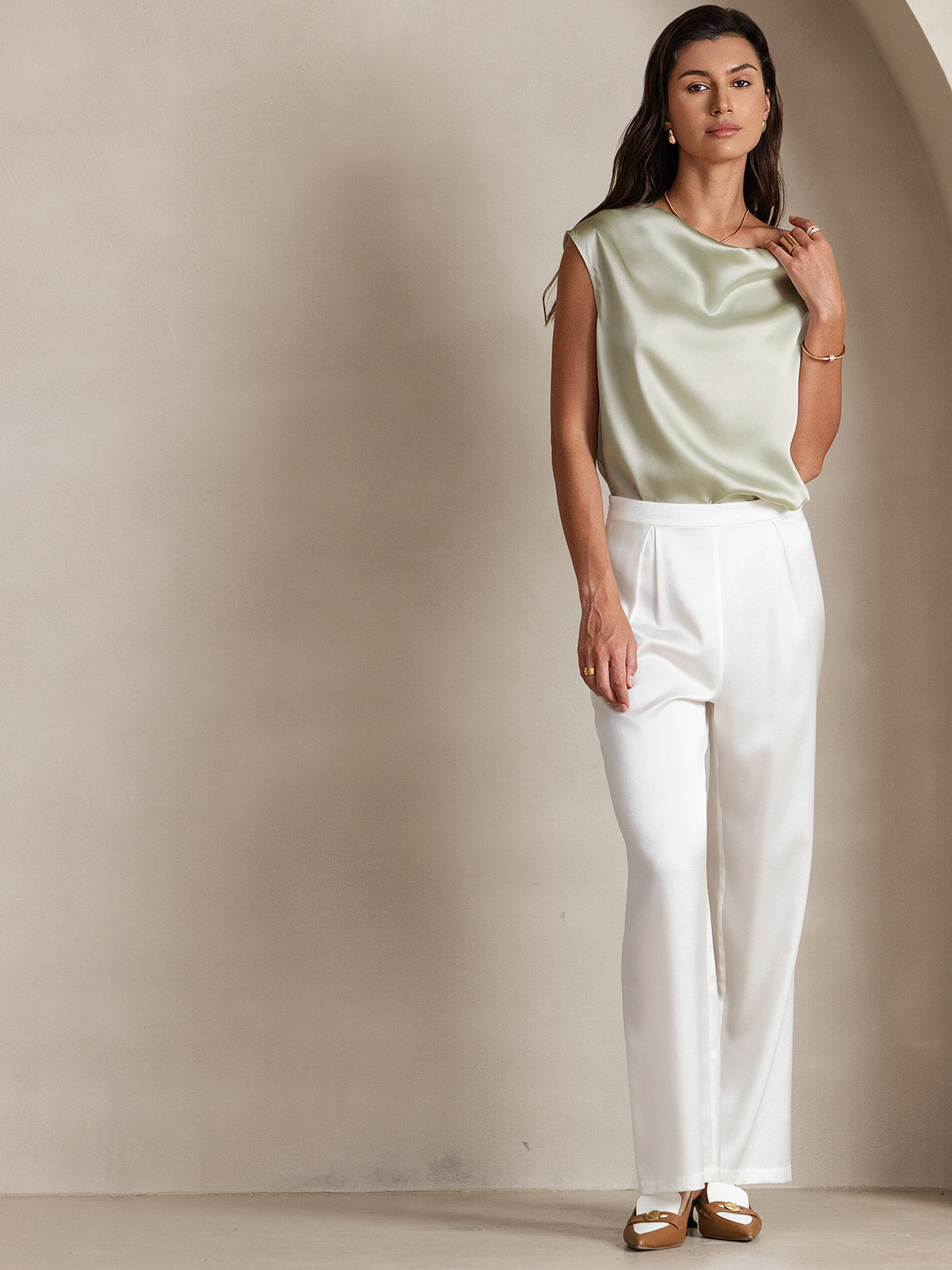 [Light Green] SilkSilky-UK 19Momme Silk Sleeveless Cowl Neck Women's T-Shirt 006