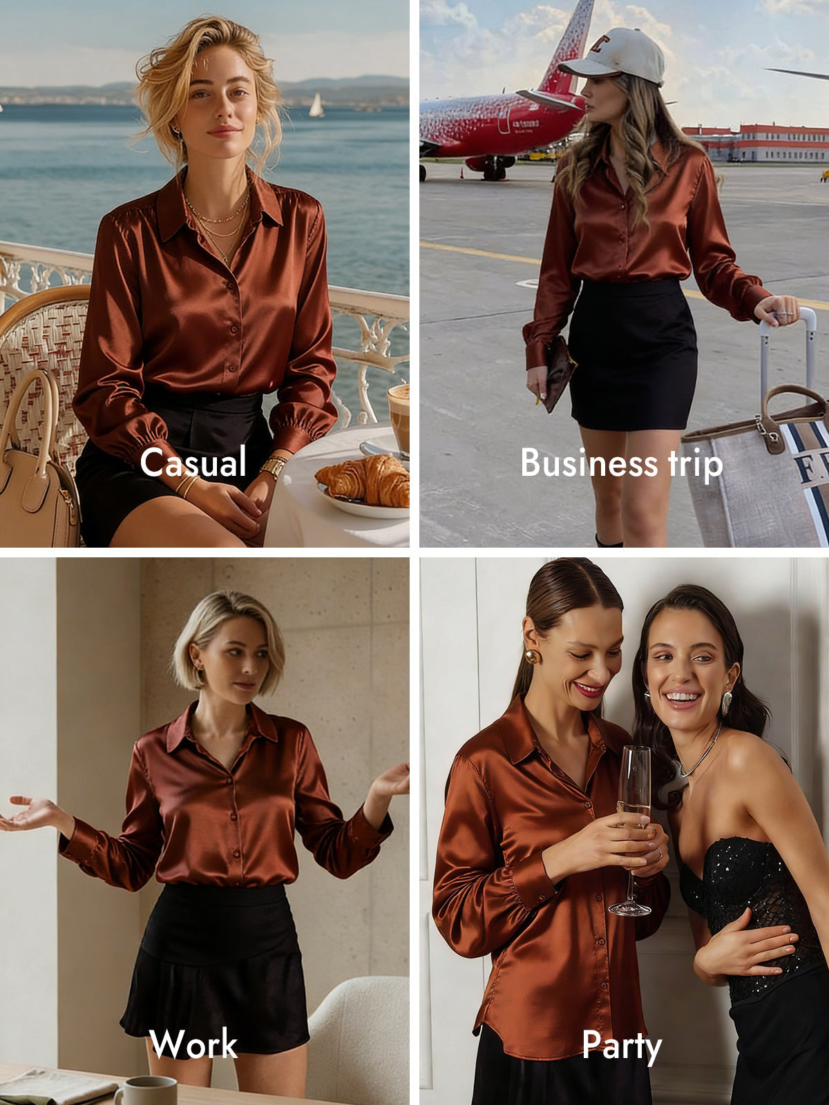 [Caramel] SilkSilky-UK Silk Long Sleeve Collar Women's Shirt 009