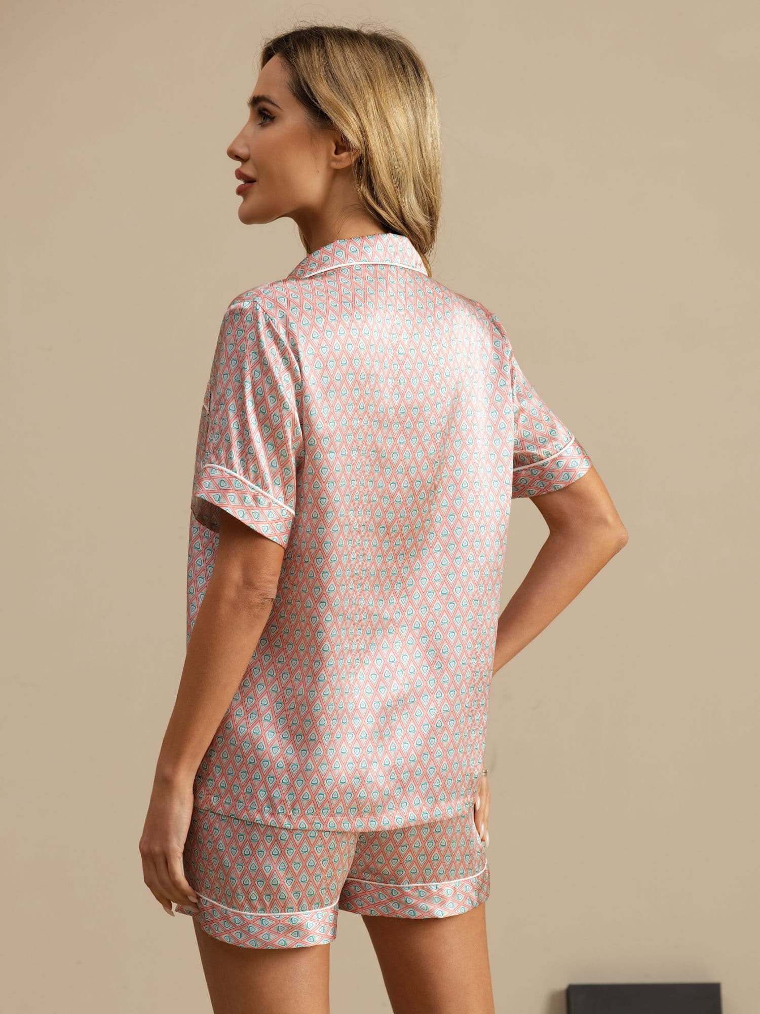 [Pink Heart Geo] SilkSilky-UK Short Sleeve Notch Collar Women's Pyjamas 002