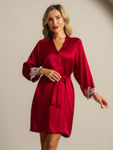 [Wine] SilkSilky-UK 3/4 Sleeve Women's Dressing Gown 004