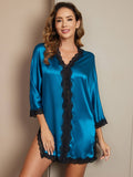 SilkSilky UK Pure Silk 3/4 Sleeve V Neck Nightdress Teal 003