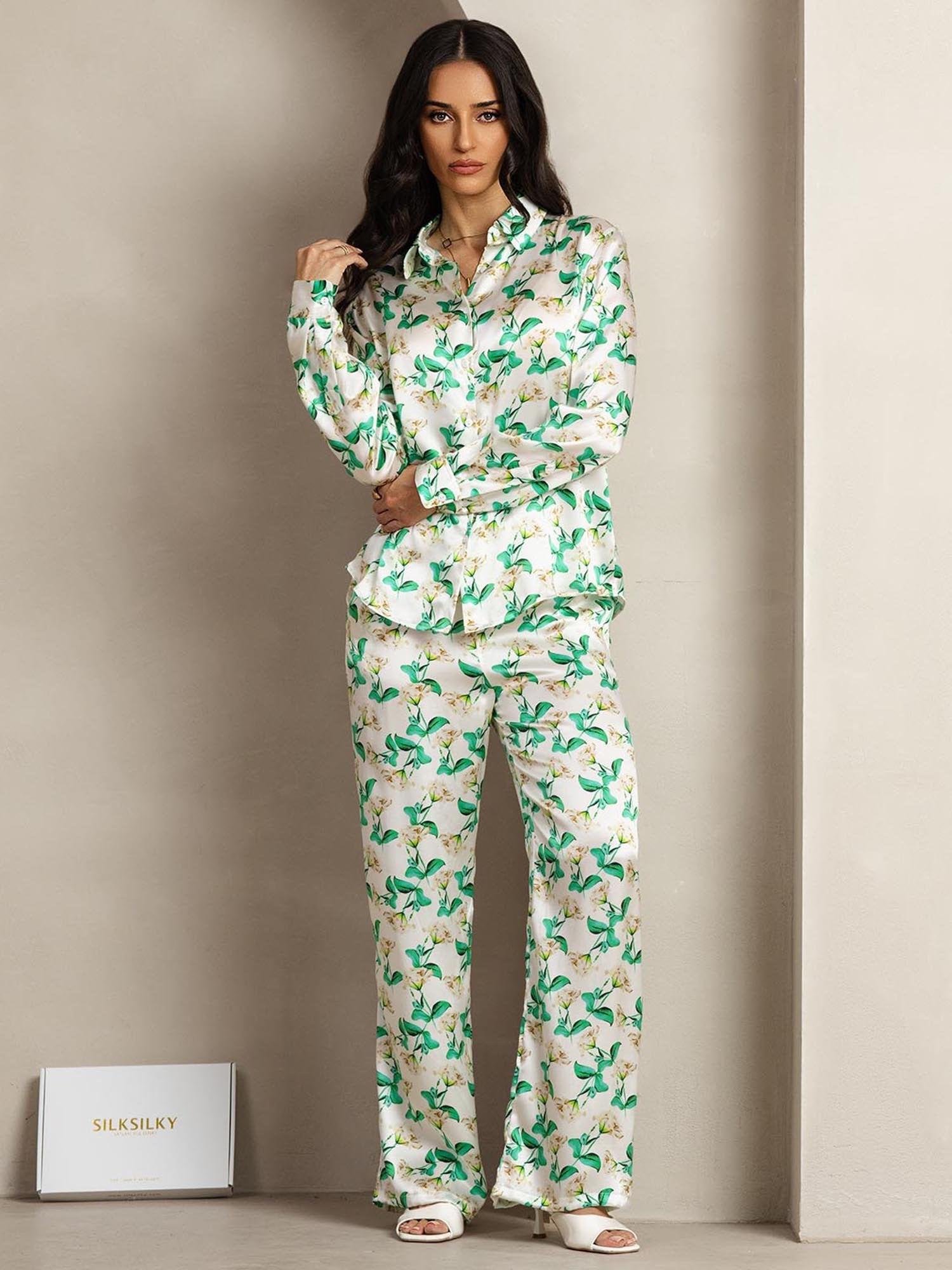 [GreenFloral] SilkSilky-UK 19Momme Silk Collar Women''s Outfit Sets 004