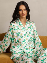 [Green Floral] SilkSilky-UK Pure Silk Notch Collar Women's Pyjamas 001,