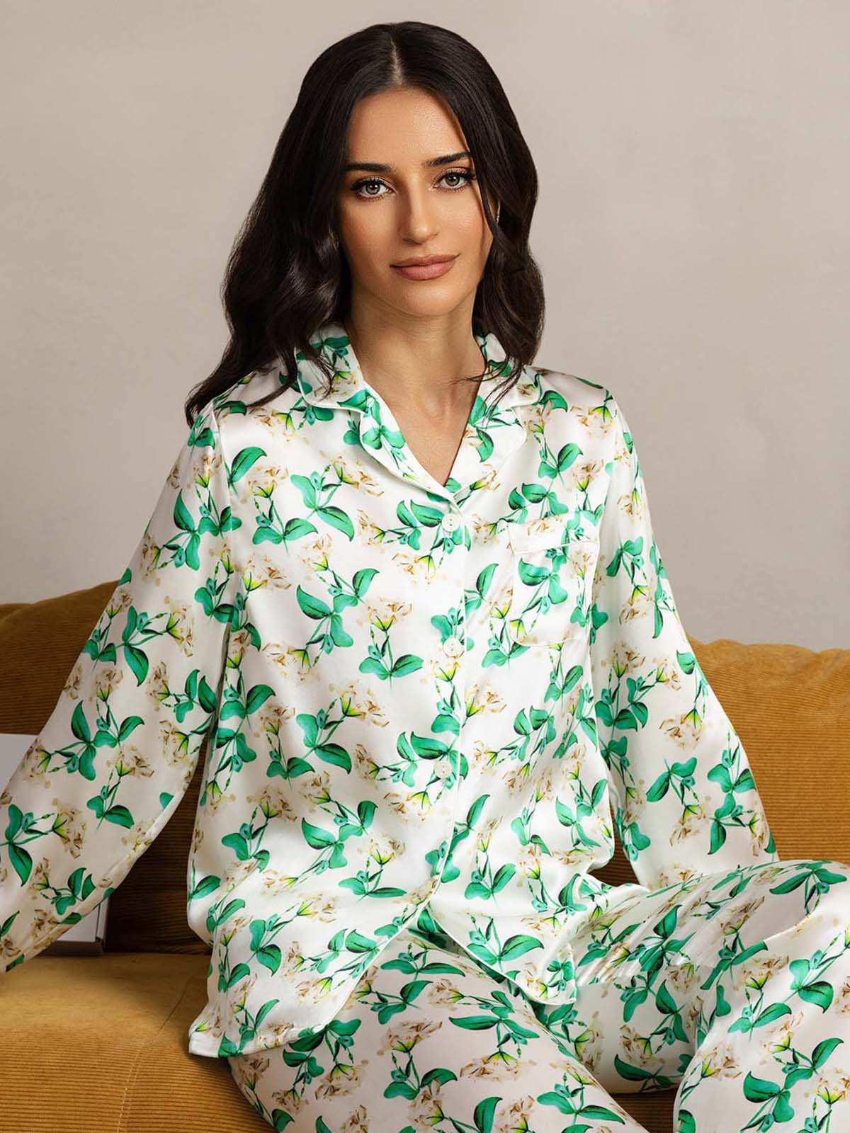 [Green Floral] SilkSilky-UK Pure Silk Notch Collar Women's Pyjamas 001,