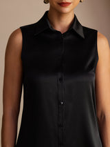 [Black] SilkSilky-UK Sleeveless Lapel Collar Women's Shirt 004