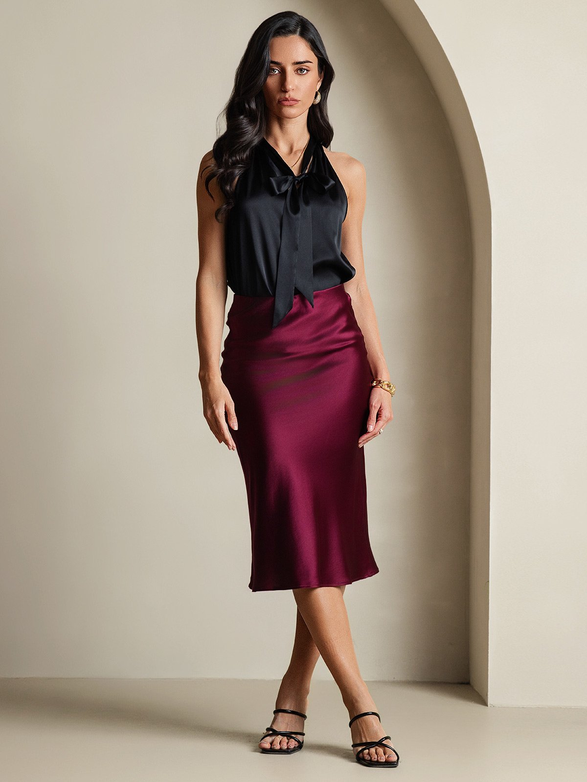 SilkSilky-UK 19Momme Silk Sleeveless Tie Neck Women's Shirt Black 006