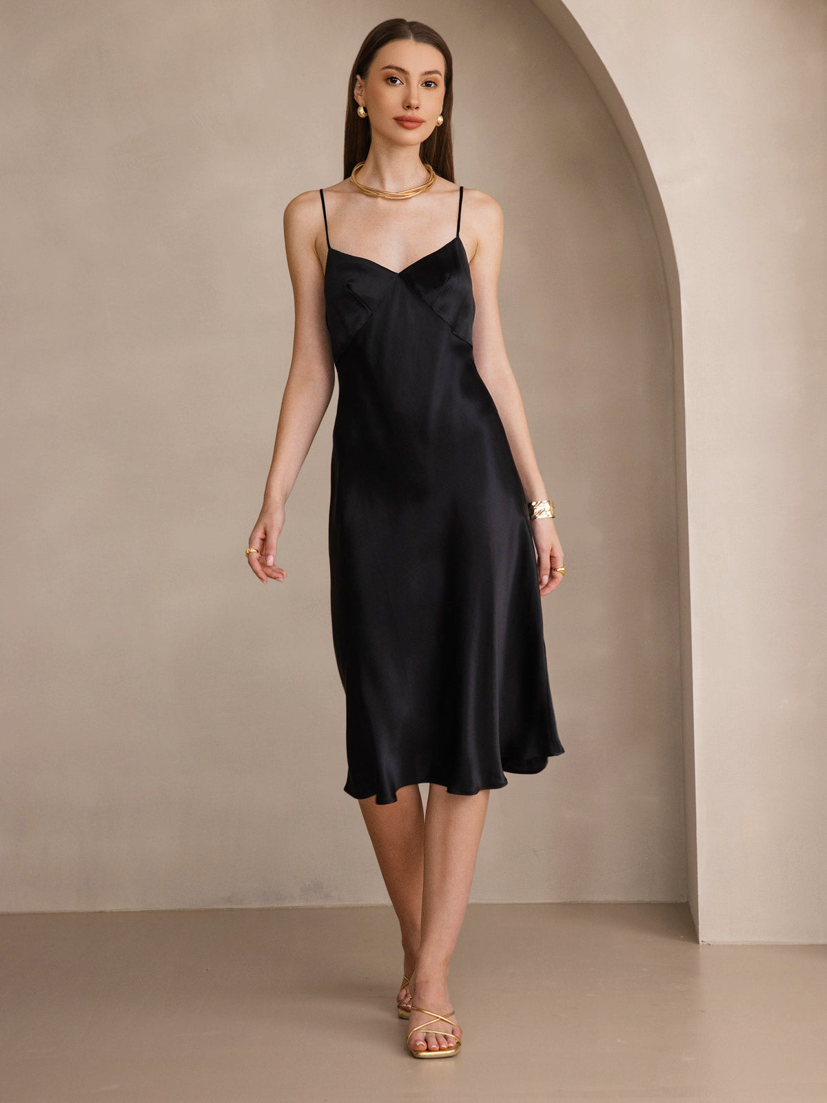 [Black] SilkSilky-UK 19Momme Pure Silk V Neck Dress 001