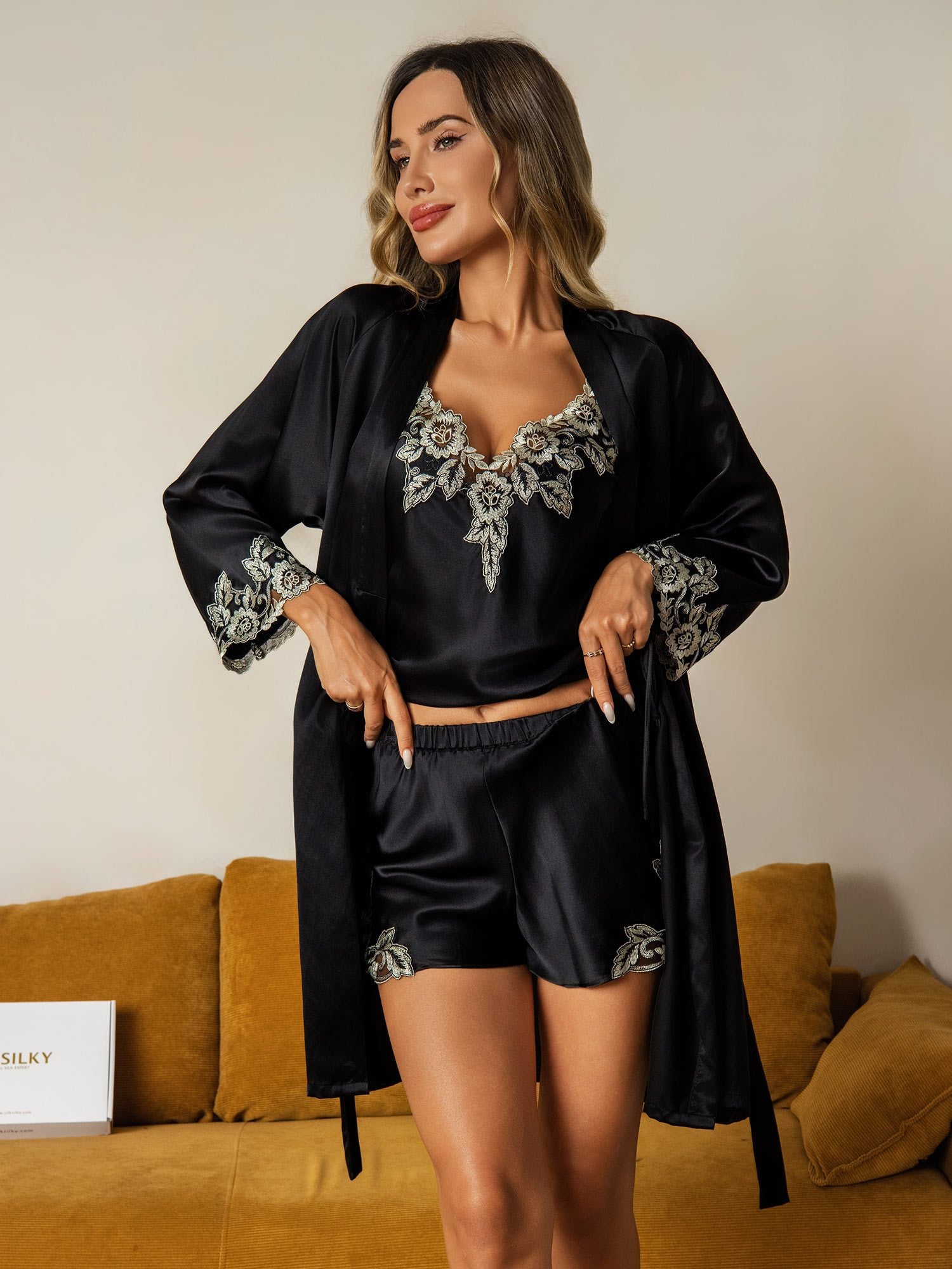 [Black] SilkSilky-UK Pure Silk V Neck Nightdress&Dressing gowns 003