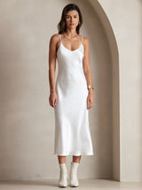 [White] SilkSilky-UK Spaghetti Strap V Neck Dress 003