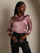 [Pale Mauve] SilkSilky-UK 19Momme Stretch Silk Charmeuse 3/4 Sleeve Lapel Collar Women's Shirt 005