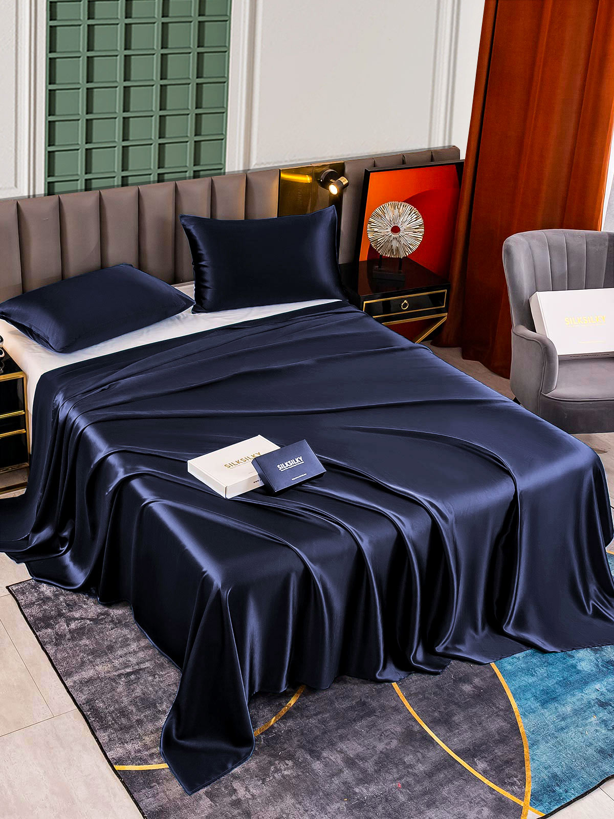 [Dark Blue] SilkSilky-UK 25Momme Pure Silk Bedding Set 002