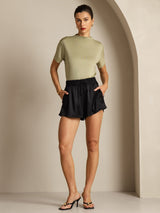 [Dried Herb] SilkSilky-UK Silk Knitted Short Sleeve Mock Neck Women's T-Shirt 006