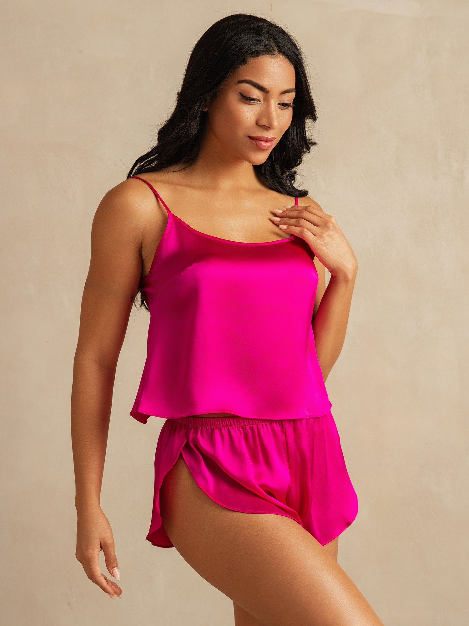 [Rose Red] SilkSilky-UK Pure Silk Round Neck Camisole Set 003