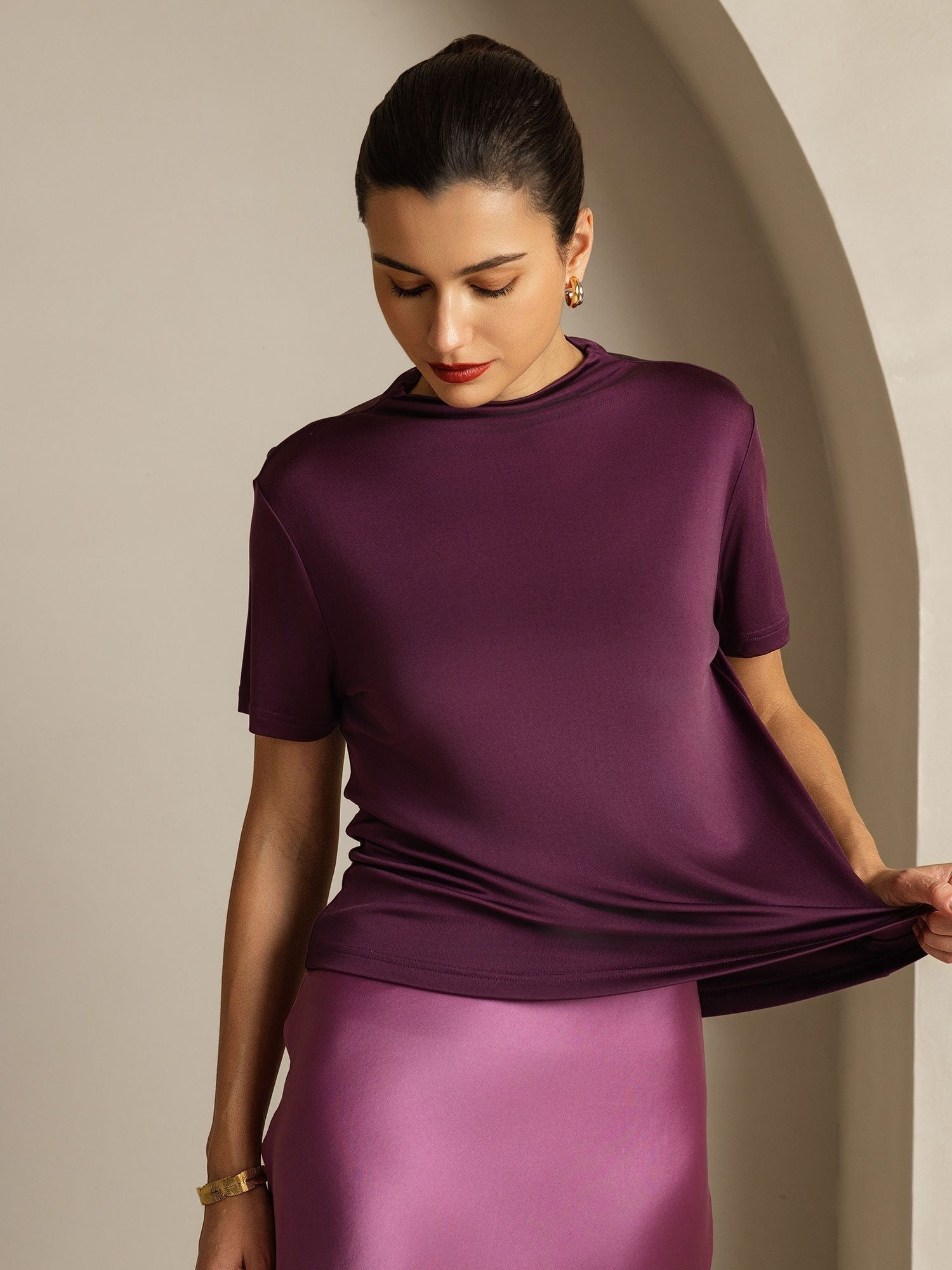 [Purple] SilkSilky-UK Pure Silk Collar Women's T-Shirt 003