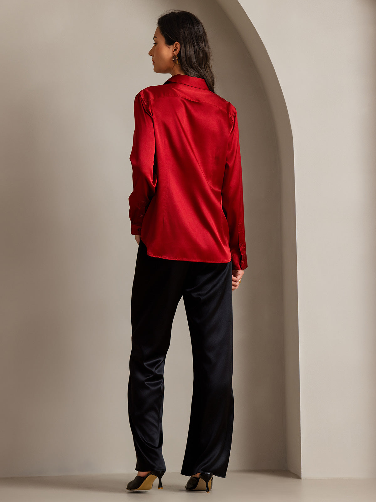 [Red] SilkSilky-UK 19Momme Stretch Silk Charmeuse Long Sleeve Lapel Collar Women's Shirt 002