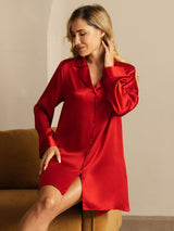 [Red] SilkSilky-UK Long Sleeve Lapel Collar Nightshirt 005