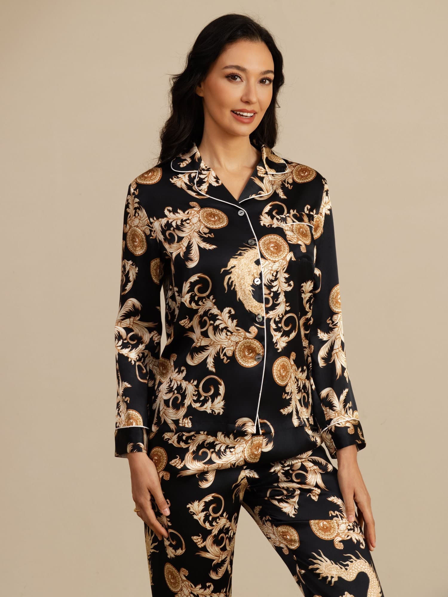 [Black Dragon] SilkSilky-UK Long Sleeve Notch Collar Women's Pyjamas 004