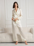 SilkSilky-UK Pure Silk Long Sleeve V Neck Women's Pyjamas Beige 003