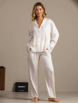 [White] SilkSilky-UK 19Momme Machine-Washable Silk Long Sleeve Notch Collar Women's Pyjamas 008