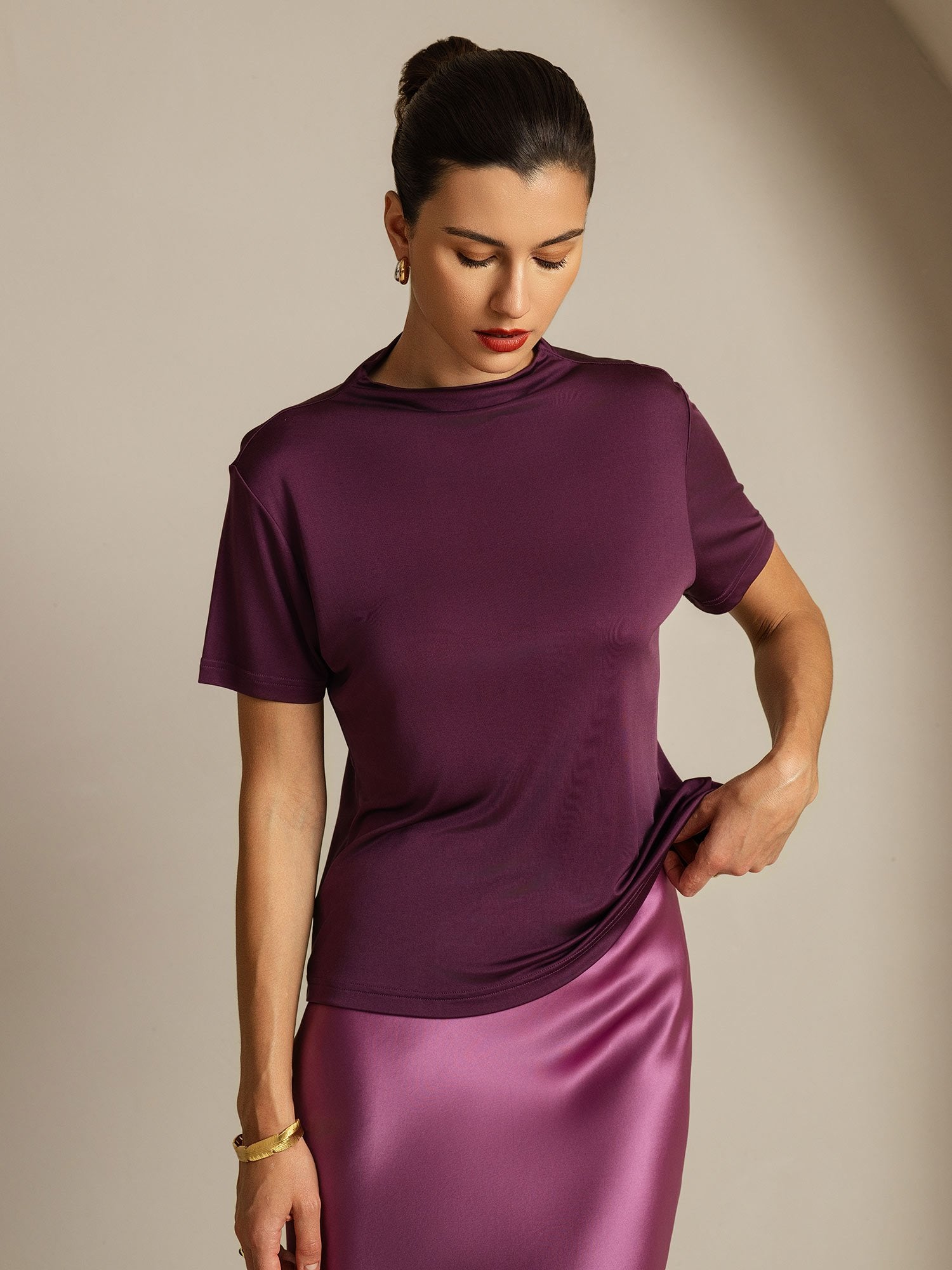 [Purple] SilkSilky-UK Pure Silk Collar Women's T-Shirt 006