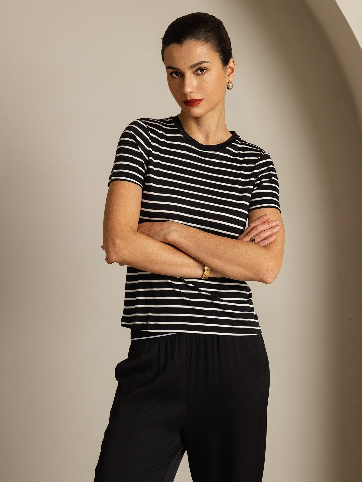 [BlackStripe] SilkSilky-UK Pure Silk Crew Women's T-Shirt 005