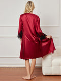 SilkSilky UK Pure Silk 3/4 Sleeve Nightgown&Robe Set DarkRed 003