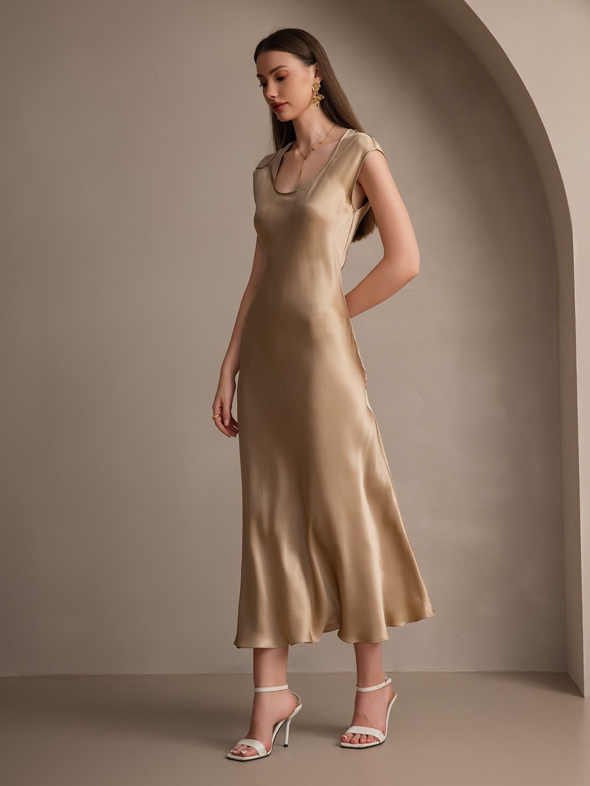 [Champagne] SilkSilky-UK 19Momme Silk Cap Sleeve Round Neck Dress 005