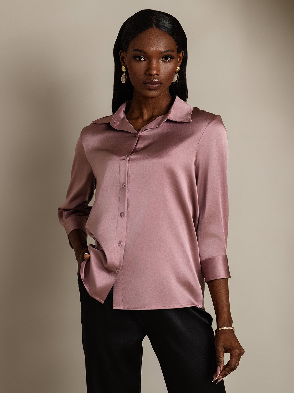 [Pale Mauve] SilkSilky-UK 19Momme Silk Lapel Collar Women's Shirt 004