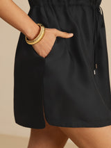 [Black] SilkSilky-UK 18Momme Silk Satin Surah Cap Sleeve Henley Neck Dress 005