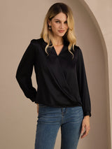 [Black] SilkSilky-UK Long Sleeve Wrap Women's Blouse 001