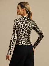 [Leopard] SilkSilky-UK 100% Silk Jersey Long Sleeve Mock Neck Women's T-Shirt 002